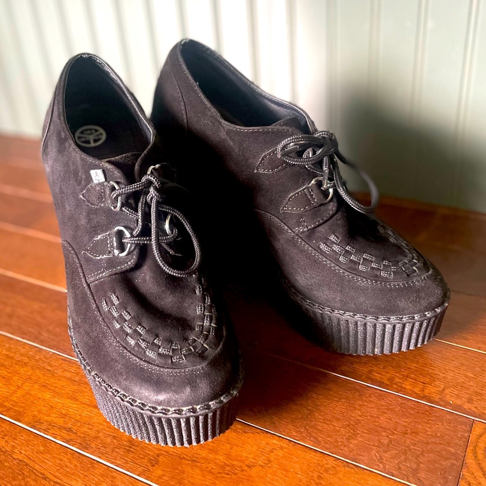 T.U.K Black Suede Creeper Wedges